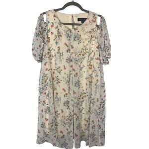 Perceptions Dress Floral Closure Cold Shoulder Puffed Sleeve Back Pleat
